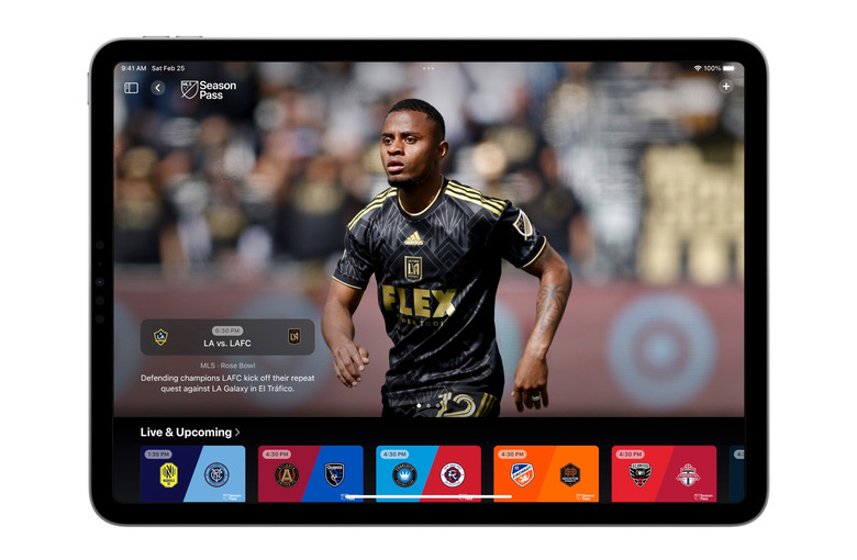 A screenshot of a tablet with Apple's MLS Season Pass showing a football/soccer game onscreen and thumbnails for Live & Upcoming games along the bottom.