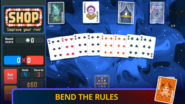 Promotional screen for the deck-building game Balantro. Cards, scores, 