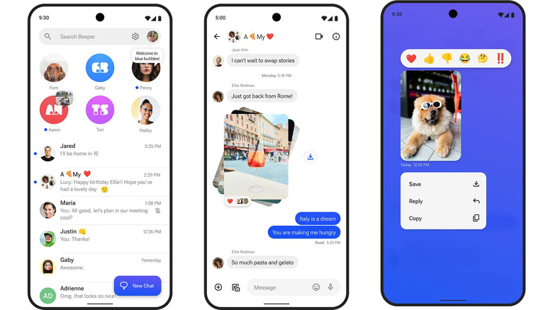 Promotional image for the Beeper Mini Android app. Three phones showing various screens from the app. The first two (left to right) show chats in the app, while the third shows a dog wearing sunglasses with available reactions above the image.