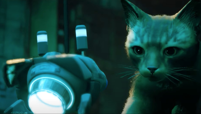 A screenshot from Stray showing a cat and a bot.