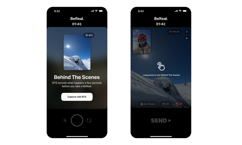 Two screenshots (side by side) showcasing BeReal’s new Behind the Scenes feature. The left image prompts the user to capture a video with a description. The image on the right guides users to long-press on the screen to watch the clip.