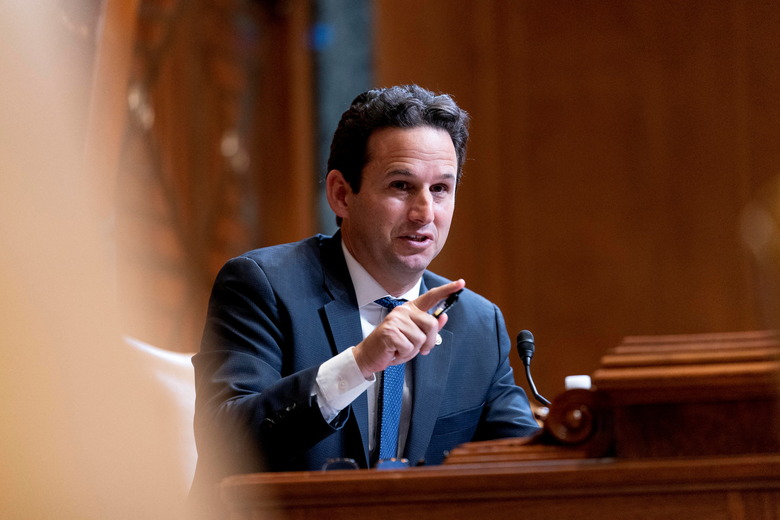 Sen. Brian Schatz, D-Hawaii, speaks as Commerce Secretary Gina Raimondo, testifies before a Senate Appropriations Subcommittee on Commerce, Justice, Science, and Related Agencies hearing on Capitol Hill in Washington, D.C., U.S., February 1, 2022. Andrew Harnik/Pool via REUTERS