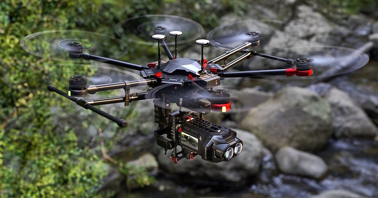 A camera attached to a flying drone.