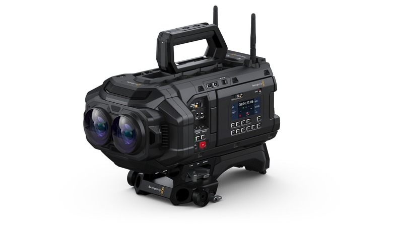 A Blackmagic URSA Cine Immersive with dual lens system on the front,.