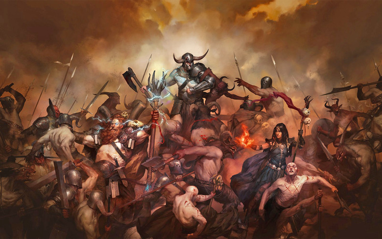 A promo image for the video game ‘Diablo IV’ showing a pile-up of warriors in battle with dramatic dark and orange coloring.