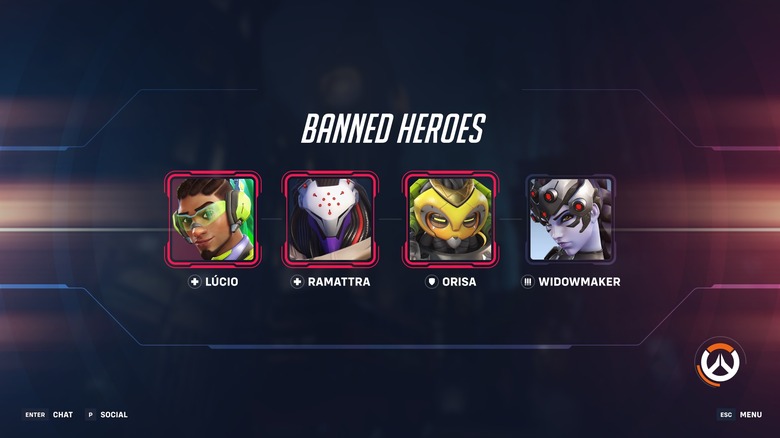 The screen displaying heroes you'll see once hero ban votes are counted in Overwatch 2.