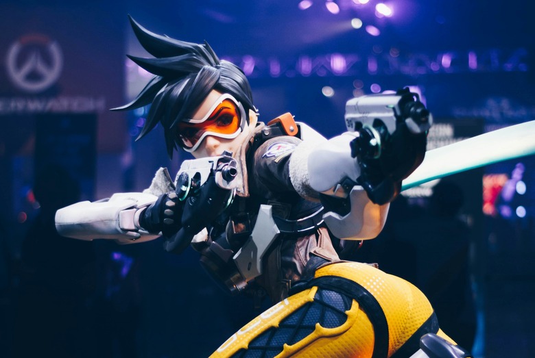 A statuette of Overwatch character Tracer captured at BlizzCon.