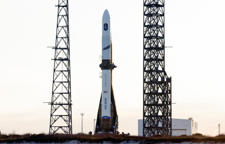 A Blue Origin New Glenn rocket stands ready for its inaugural launch at the Cape Canaveral Space Force Station in Cape Canaveral, Florida, U.S., January 10, 2025. REUTERS/Joe Skipper