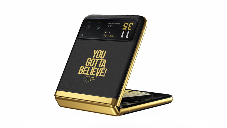 Boost Mobile's Deion Sanders-themed Moto Razr with a black and gold finish and the phrase 