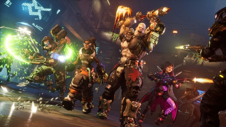 Four vault hunters shooting enemies off-camera from Borderlands 4.