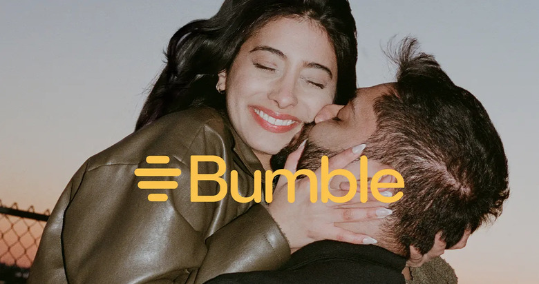 An ad for Bumble showing too happy people embracing.
