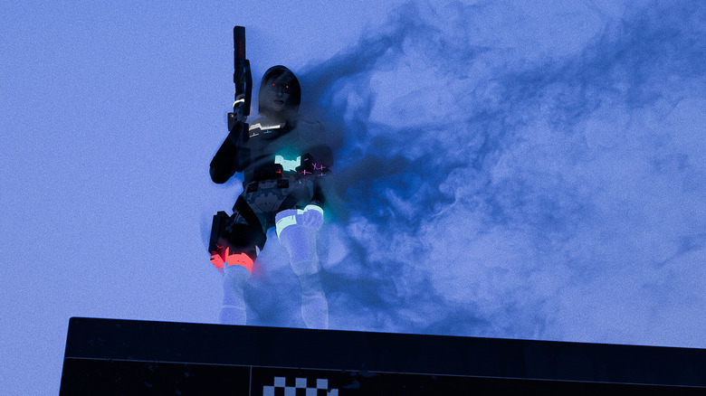 A ghostly space figure with a gun stands on a ledge. View from below.
