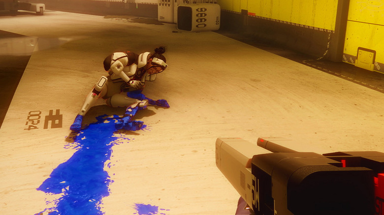 A gameplay screenshot of Bungie's Marathon extraction shooter showing a player bleeding out.