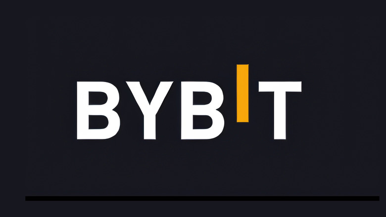 Logo for crypto exchange Bybit. White and orange letters against a black background.