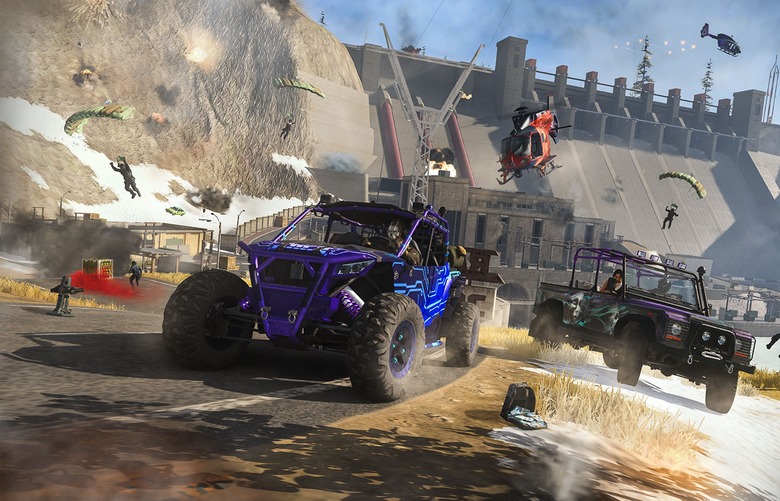Call of Duty: Warzone Mobile screenshot, featuring cars, helicopters and foot soldiers in front of a dam.