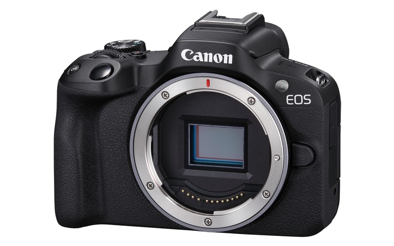 Front render of Canon's new EOS R50, showing the camera's DSLR-like body, APS-C sensor and RF lens mount. 