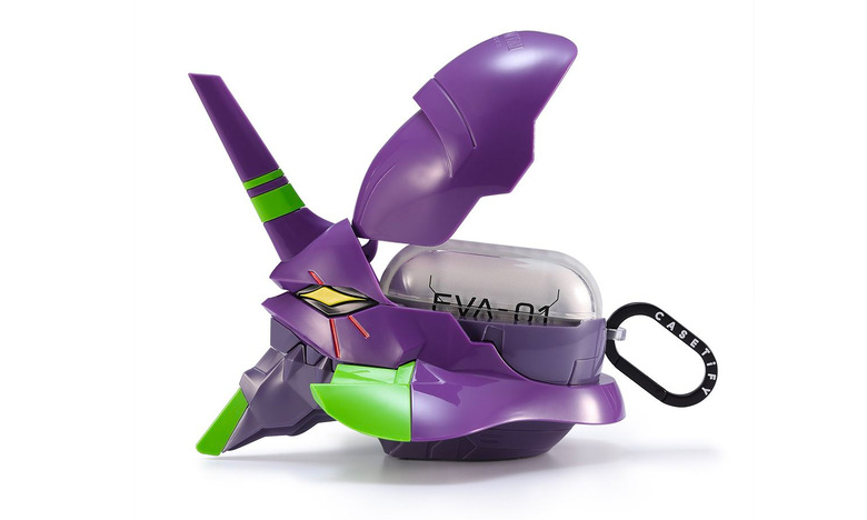 Accessory from Casetify showing a profile view of a case that looks like a purple robot head (Unit-01 from ‘Evangelion’).