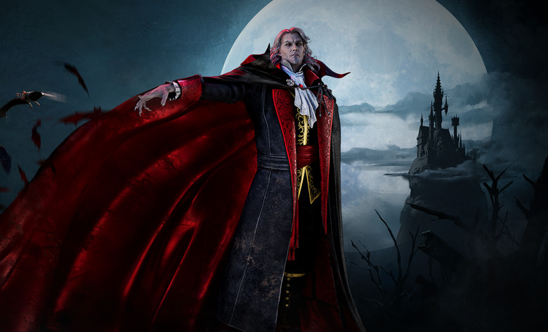 Dracula poses in front of his castle and a full moon