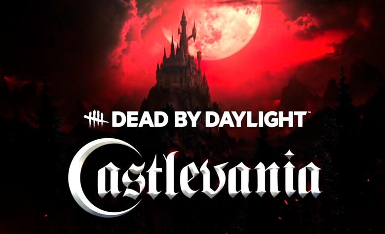 A distant gothic castle is in shadow against a full moon and blood red sky. The Dead by Daylight and Castlevania logos are superimposed.