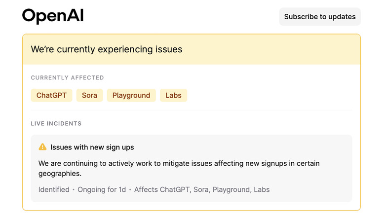 Screenshot of OpenAI status page showing issues