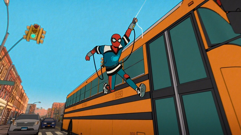 A still from the trailer for Your Friendy Neighborhood Spider-Man showing a comic-style animation of Spider-Man swinging on a web alongside a school bus