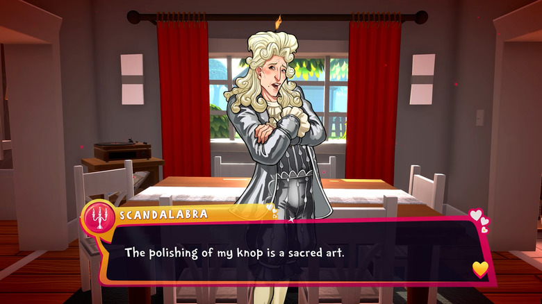 Still from the game Date Everything!, featuring Scandalabra, a Baroque era personification of a candalabra. The dialogue below him says, 