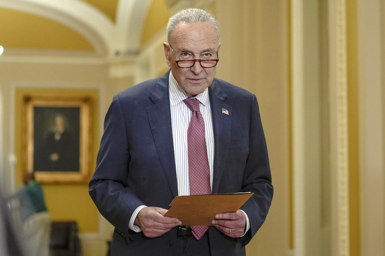 Sen. Majority Leader Chuck Schumer, D-N.Y., listens during a news conference after a policy luncheon on Capitol Hill Wednesday, May 1, 2024, in Washington. (AP Photo/Mariam Zuhaib)