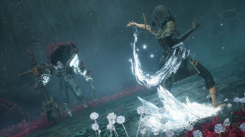 A still from the game Clair Obscur: Expedition 33 showing an Expeditioner casting a spell toward a looming enemy who holds a huge sword that is gammed into the ground
