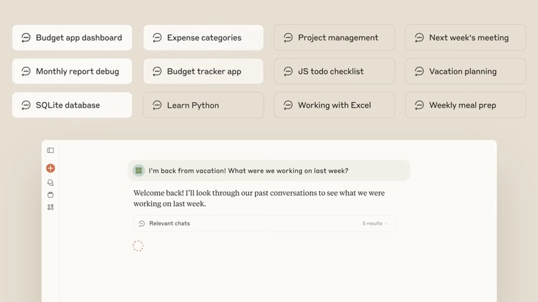 An illustration showing how Claude searches and organizes the contents of past chats when prompted.