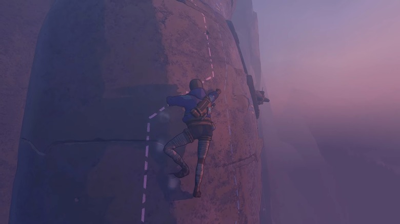 The player character from Cairn climbing a rock face without a rope.