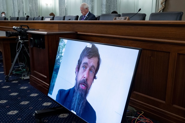 Twitter CEO Jack Dorsey testifies remotely during a hearing to discuss reforming Section 230 of the Communications Decency Act with big tech companies on October 28, 2020 in Washington, DC. - US senators and tech CEOs girded for a clash Wednesday over a law making online services immune from liability for third-party content at a hearing set to debate Silicon Valley's handling of social media. (Photo by MICHAEL REYNOLDS / POOL / AFP) (Photo by MICHAEL REYNOLDS/POOL/AFP via Getty Images)