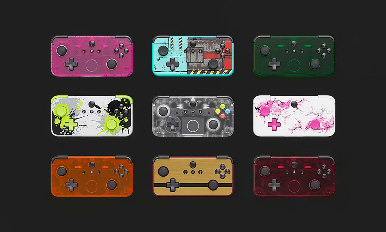 Marketing screenshot for the CRKD Neo S gamepad. Nine variants in different colors and designs sit in a 3x3 grid in front of a black background.