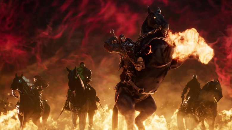 A still from the upcoming game Darksiders 4 showing four horsement in a fiery environment