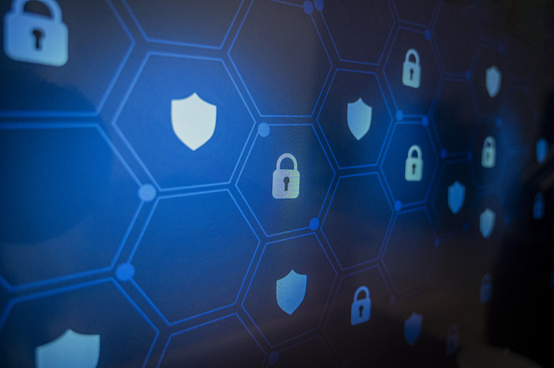 shield Lock key pixel screen Blue pixel locks. shield with key inside on blue background The concept of cybersecurity the Internet