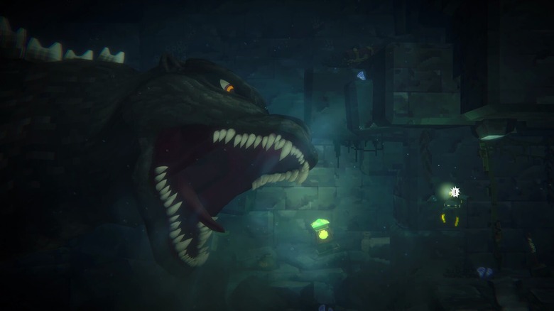 A still from the Dave the Diver Godzilla DLC showing Godzilla underwater chomping behind a diver
