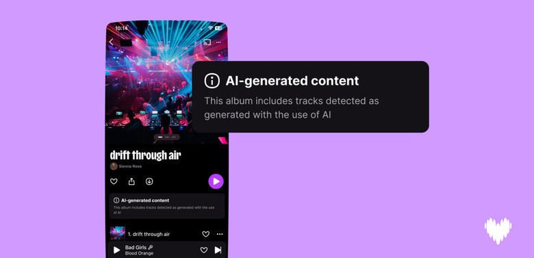 An alert on the Deezer platform that shows when an album has tracks generated with AI.