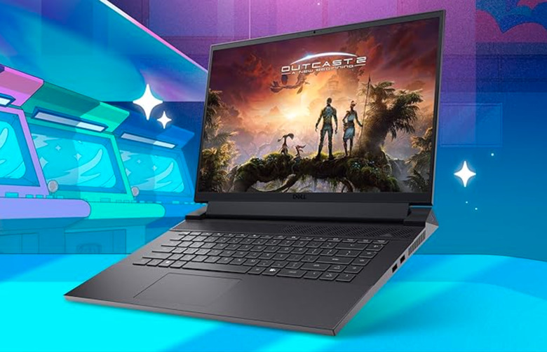 A laptop floating over a cartoon background.