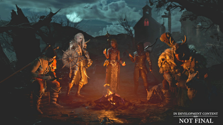 A Diablo IV screenshot showing the game's five character classes gathered around a campfire. 