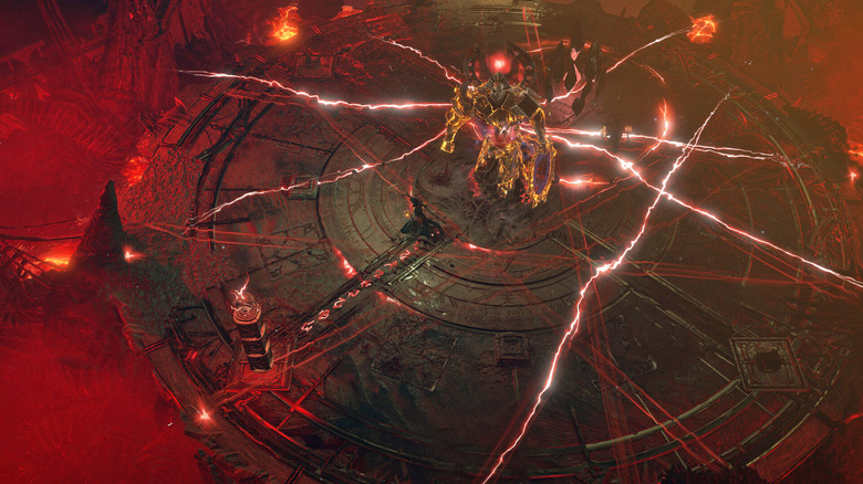 A glowing creature stands in the middle of a large disc-shaped platform with electricity crackling all around. A red hazy pit surrounds the platform.