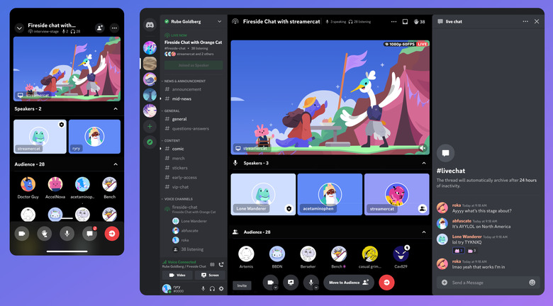 Mobile and dsktop screenshots of Discord, showing video feeds from users in Stage Channels, along with a server list, text chat box and list of participants.