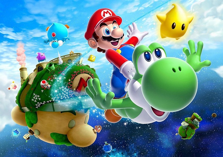 Game art of Mario riding Yoshi through space with a star character floating next to them. A small green planet, shaped like Mario’s head (with green grass for ‘hair’) looms behind them.