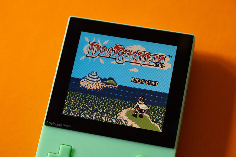 An Analogue Pocket gaming handheld displaying the Dragonyhm title screen.