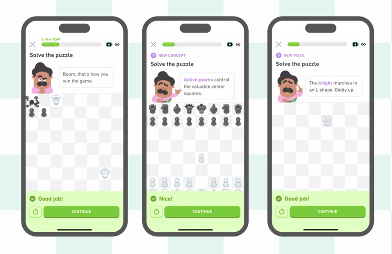 Screenshots of Duolingo's new chess lessons.
