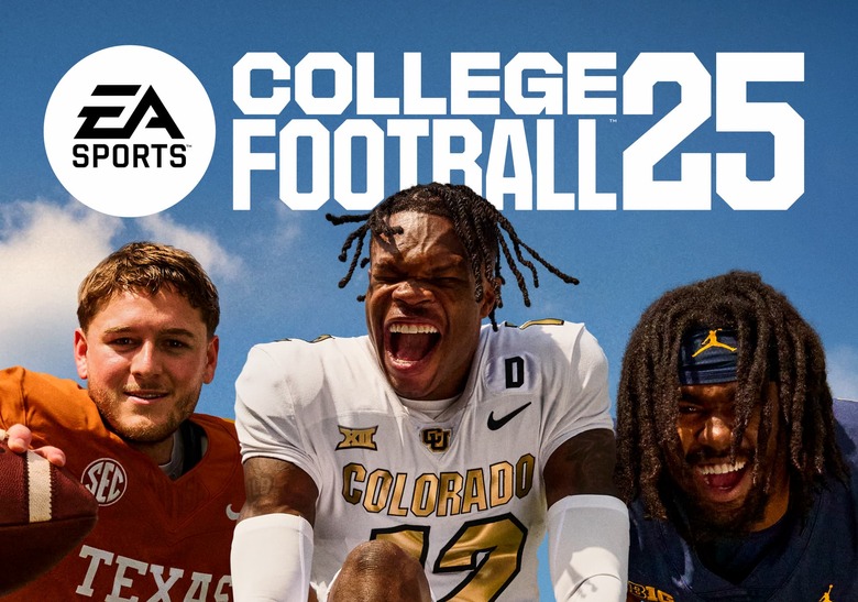 EA Sports College Football 25 cover, featuring three players.