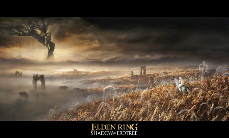 A key artwork for Elden Ring's upcoming DLC video game entitled 'Shadow of the Erdtree', where you see a lone rider on a white horse heading through tall wheat fields towards a distant massive tree amongst a dark and turbulent horizon. 