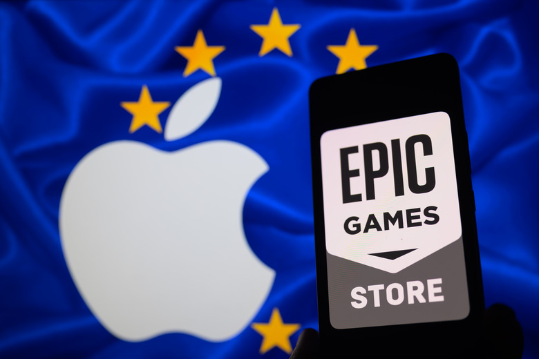 The Epic Games Store logo is being displayed on a smartphone with an Apple logo and an EU flag visible in the background in this photo illustration in Brussels, Belgium, on March 9, 2024. (Photo by Jonathan Raa/NurPhoto via Getty Images)