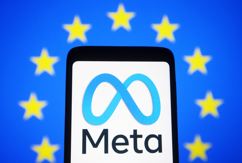 UKRAINE - 2022/02/09: In this photo illustration, Meta Platforms logo is seen on a smartphone screen and the EU ( European Union) or the flag of Europe in the background. (Photo Illustration by Pavlo Gonchar/SOPA Images/LightRocket via Getty Images)