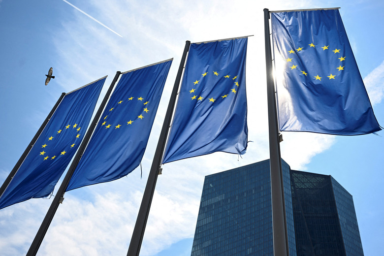 FILE PHOTO: EU flags flutter in front of European Central Bank (ECB) headquarters in Frankfurt, Germany July 18, 2024. REUTERS/Jana Rodenbusch/ File Photo