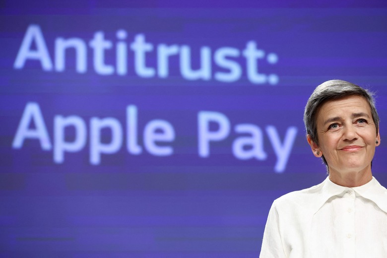 European Commission vice-president Margrethe Vestager gives a press conference on EU objections sent to Apple over practices regarding Apple Pay, at the EU headquarters in Brussels on May 2, 2022. - The EU accused Apple of blocking rivals from its popular 