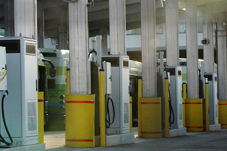 ABB Group EV chargers for electric buses are seen at an L.A. City Transportation Department (LADOT) DASH transit bus maintenance facility in downtown Los Angeles, California, U.S., August 21, 2021.  REUTERS/Bing Guan